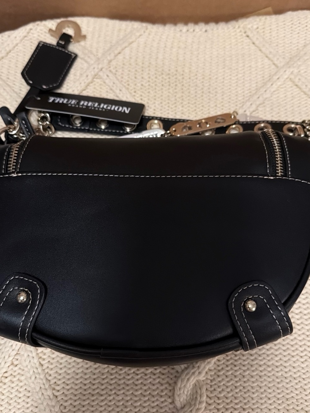 True Religion Black Saddle Shoulder Bag with Silver Chains - Picture 3 of 5